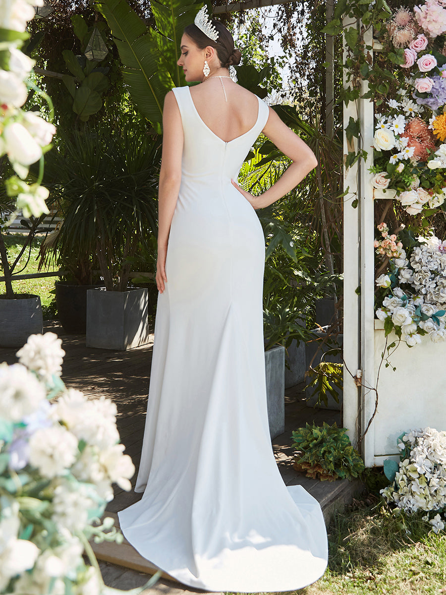 Color=White | Deep V Neck Fishtail Sleeveless Split Wholesale Wedding Dresses-White 2