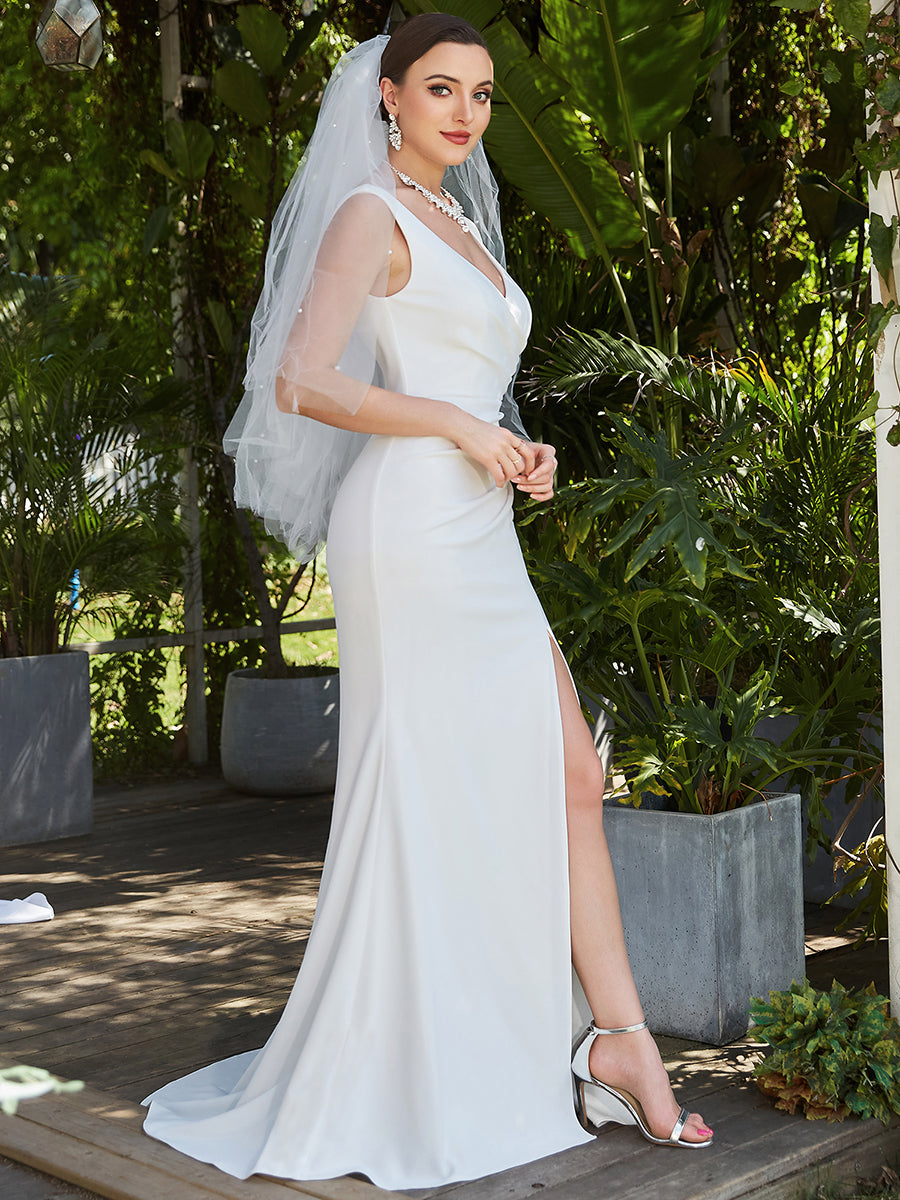 Color=White | Deep V Neck Fishtail Sleeveless Split Wholesale Wedding Dresses-White 3