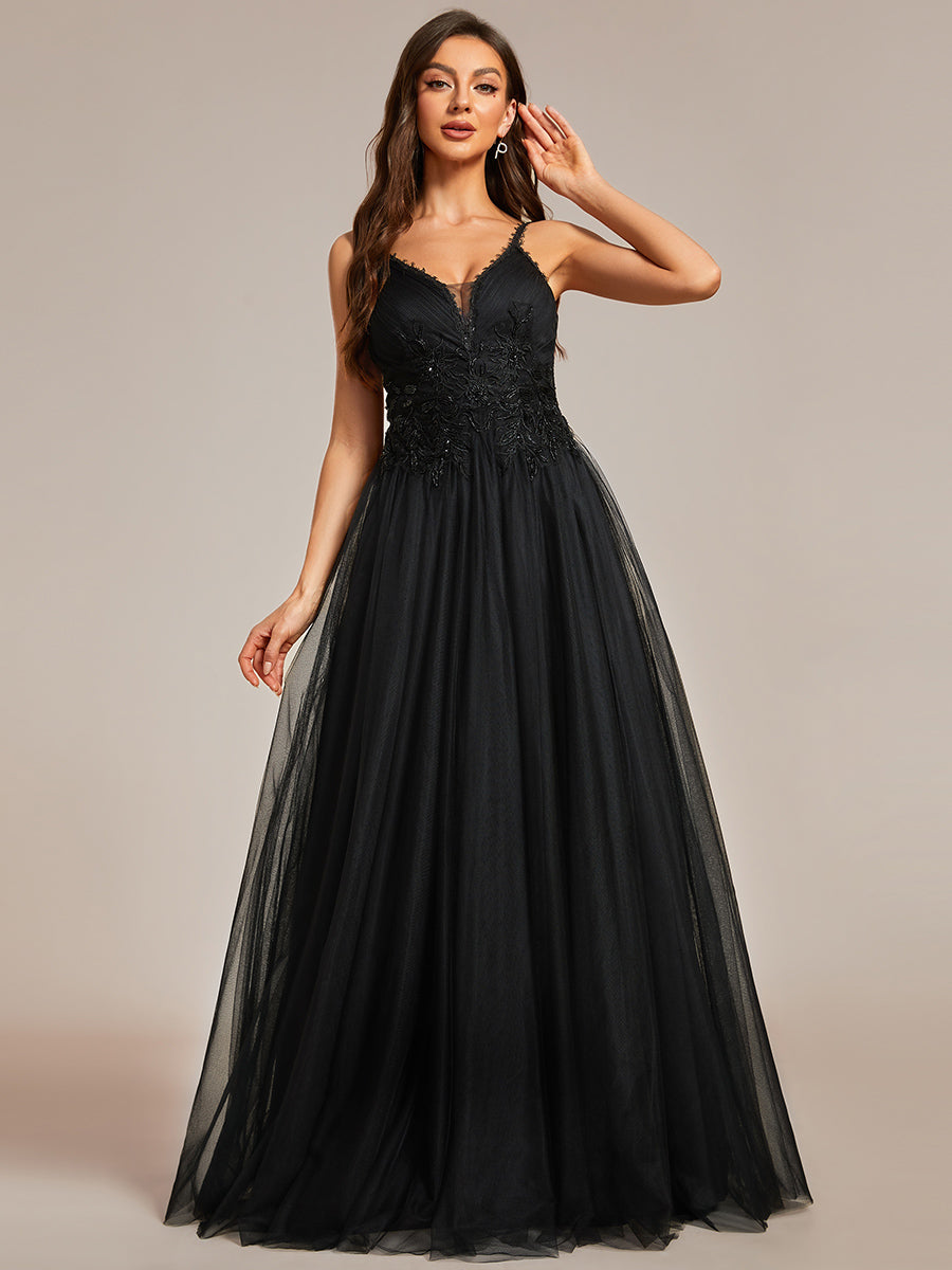 Color=Black | Glamorous A Line V Neck Spaghetti Straps Wholesale Wedding Dresses-Black 4