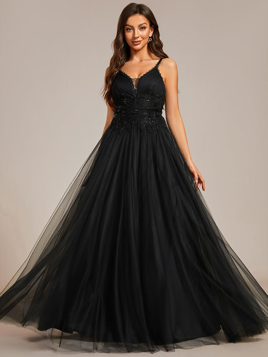 Color=Black | Glamorous A Line V Neck Spaghetti Straps Wholesale Wedding Dresses-Black 2