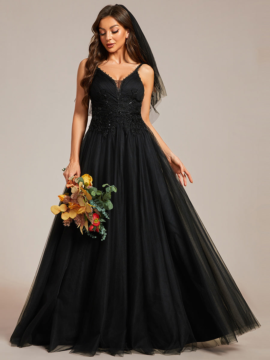 Color=Black | Glamorous A Line V Neck Spaghetti Straps Wholesale Wedding Dresses-Black 1