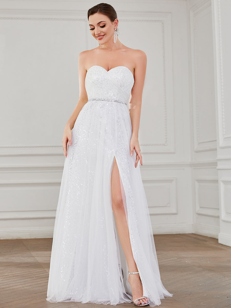 Color=White | Gorgeous A Line Strapless Thigh High Split Wholesale Wedding Dresses-White 4