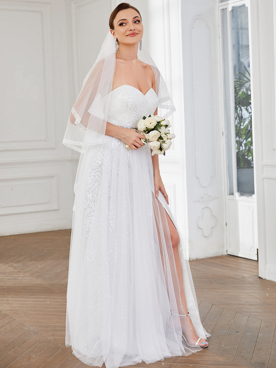 Color=White | Gorgeous A Line Strapless Thigh High Split Wholesale Wedding Dresses-White 3