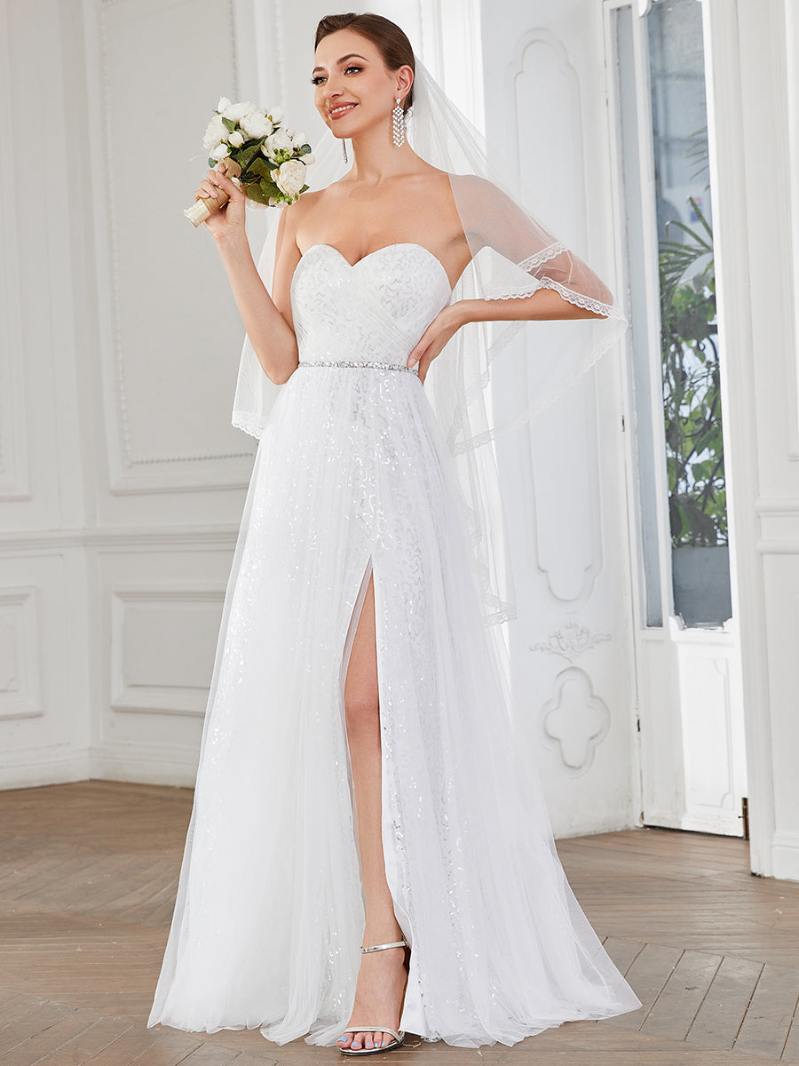 Color=White | Gorgeous A Line Strapless Thigh High Split Wholesale Wedding Dresses-White 1