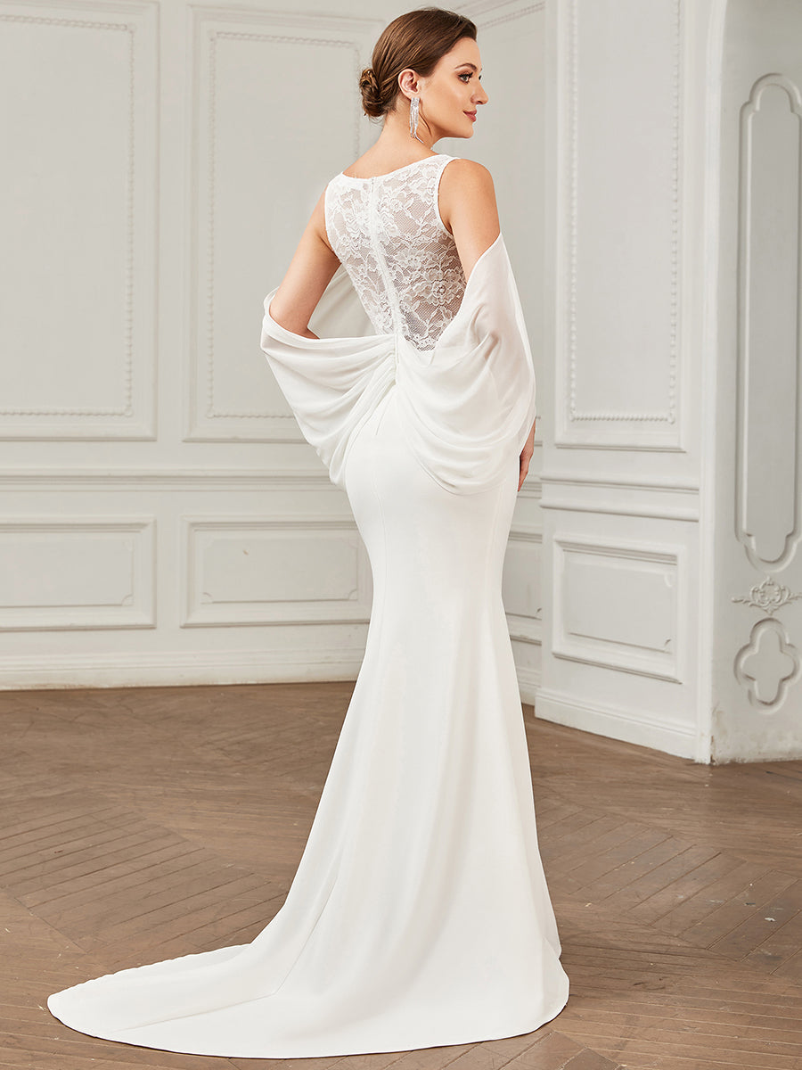 Color=White | Floor Length Round Neck Fishtail Cape Wholesale Wedding Dresses-White 2