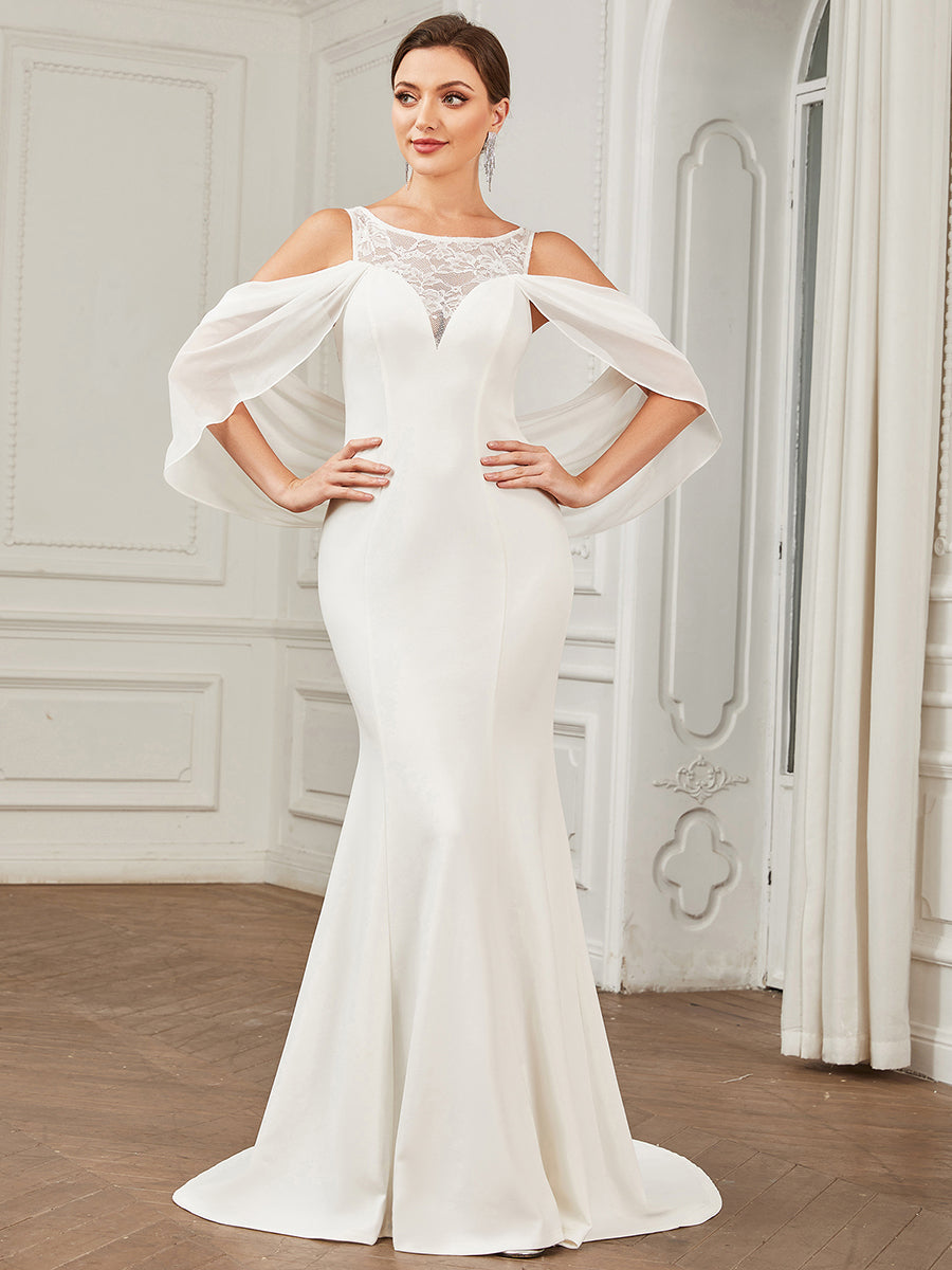 Color=White | Floor Length Round Neck Fishtail Cape Wholesale Wedding Dresses-White 1