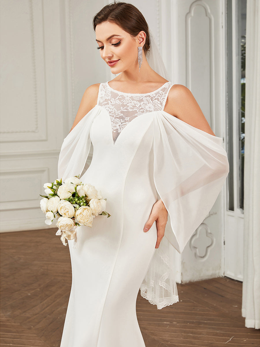 Color=White | Floor Length Round Neck Fishtail Cape Wholesale Wedding Dresses-White 5