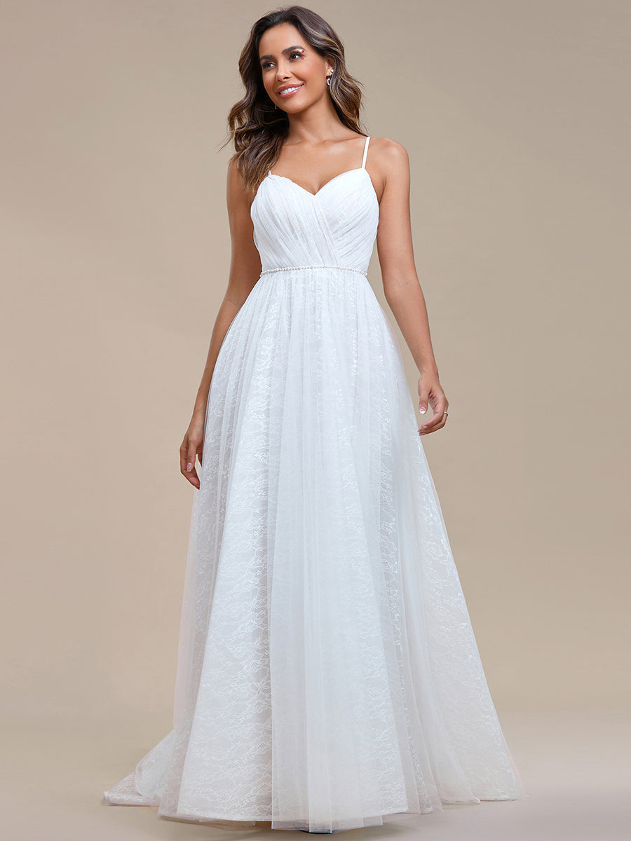 Color=Ivory | Elegant Spaghetti Straps Lace Mesh Wholesale Wedding Dresses-Ivory 5