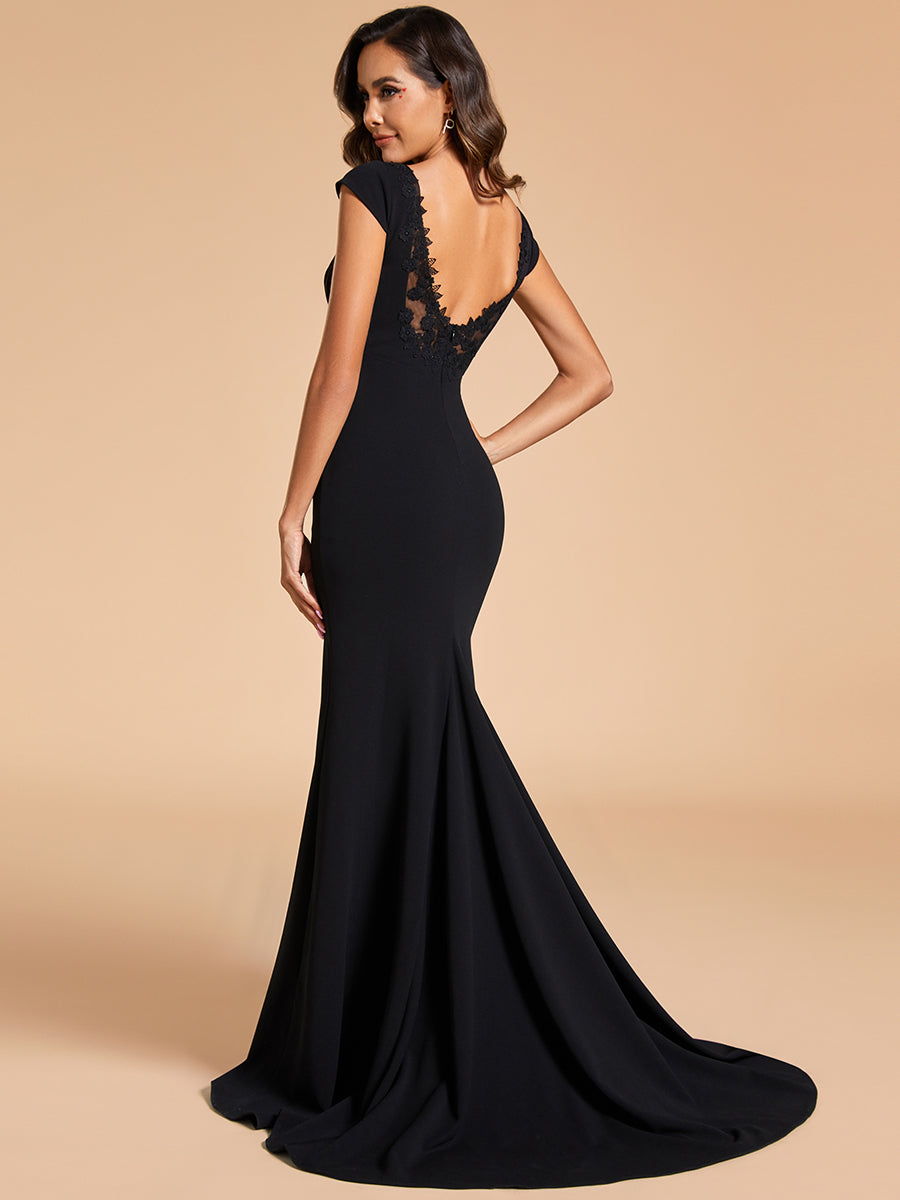 Color=Black | Cover Sleeves Backless Fishtail Deep V Neck Wholesale Wedding Dresses-Black 4