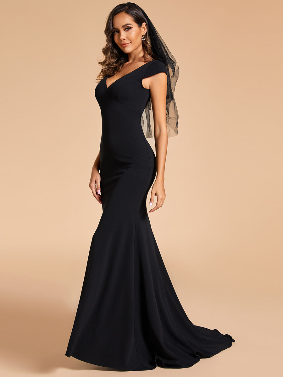 Color=Black | Cover Sleeves Backless Fishtail Deep V Neck Wholesale Wedding Dresses-Black 3