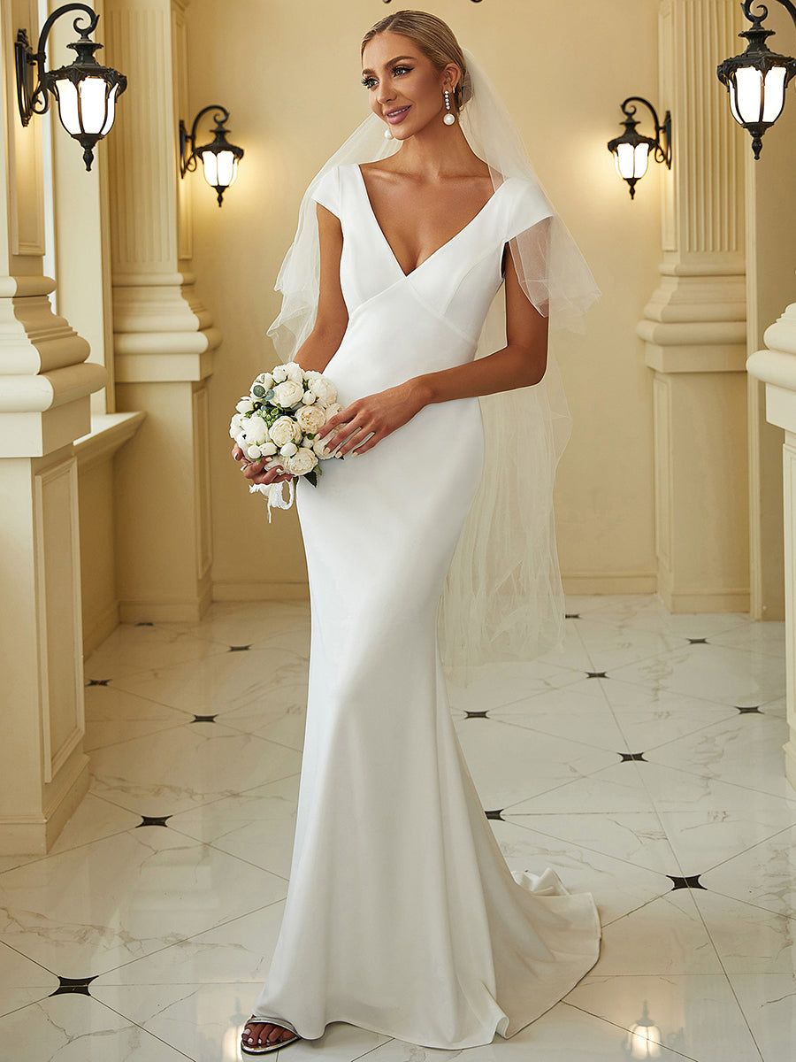 Color=White | Cover Sleeves Backless Fishtail Deep V Neck Wholesale Wedding Dresses-White 1