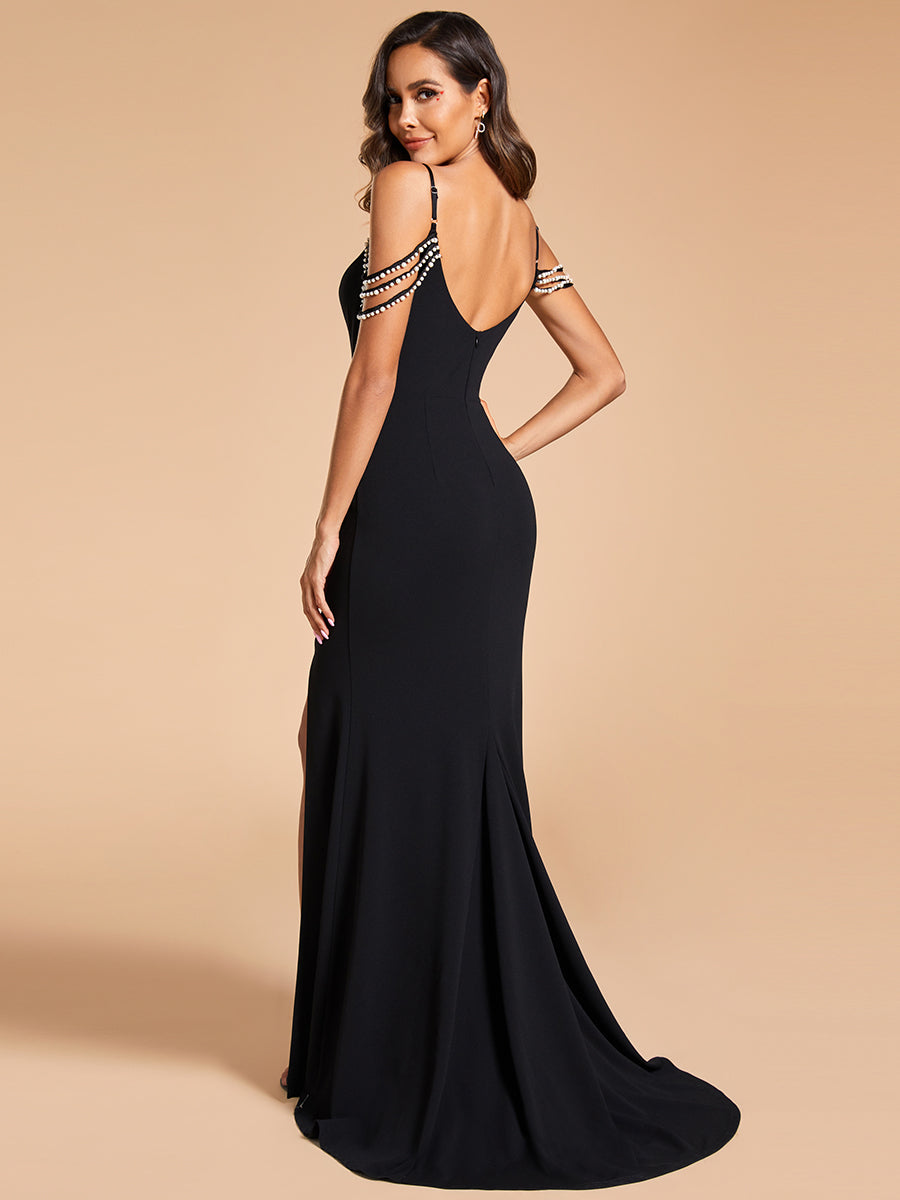 Color=Black | Fine Halter Side Split Fishtail Wholesale Wedding Dresses-Black 3