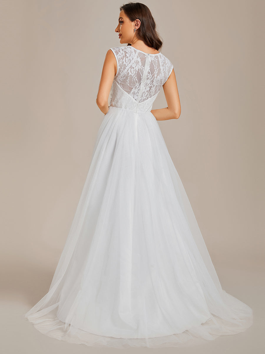 Elegant Hollow Lace Round Neck Wholesale Wedding Dresses#Color_White