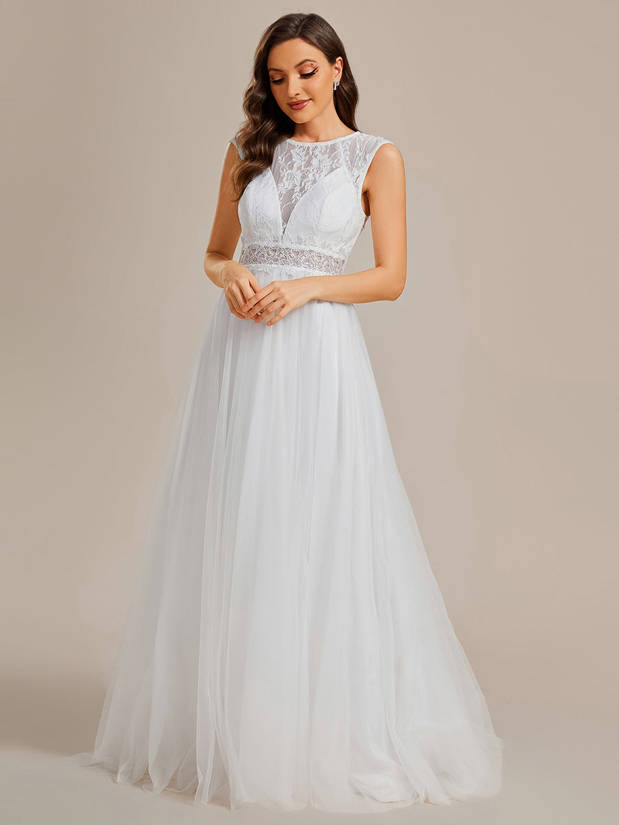 Elegant Hollow Lace Round Neck Wholesale Wedding Dresses#Color_White