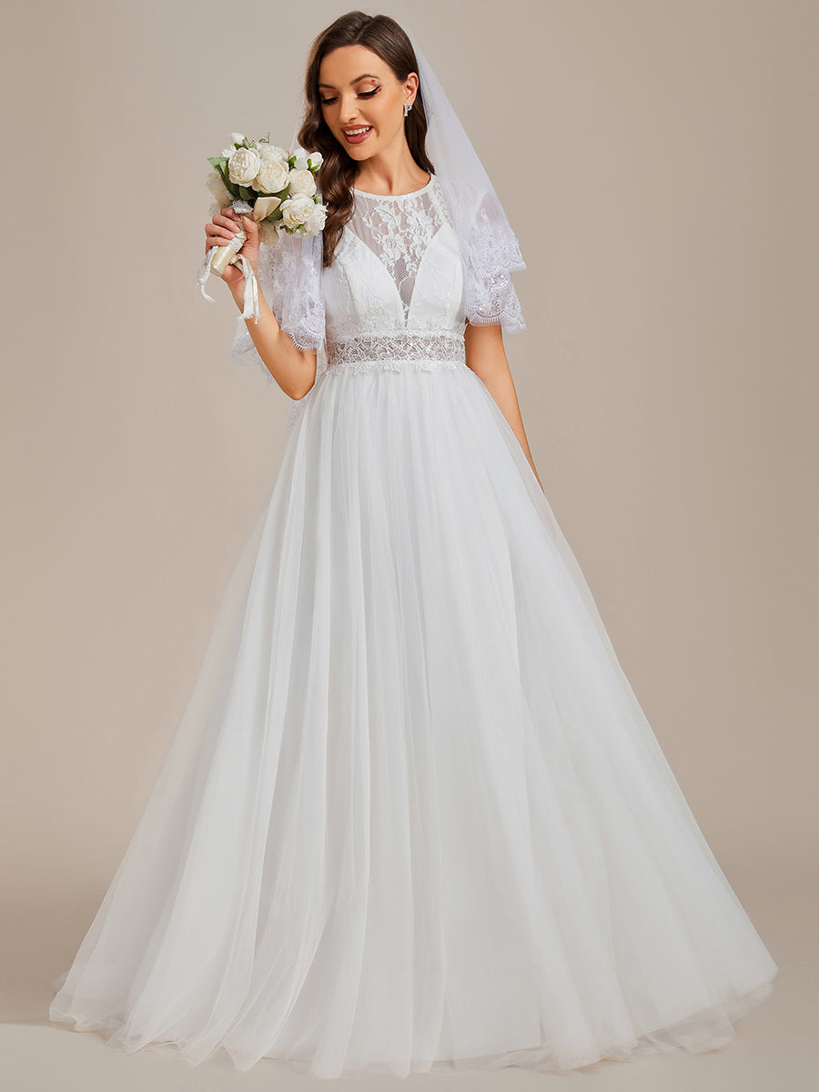 Elegant Hollow Lace Round Neck Wholesale Wedding Dresses#Color_White