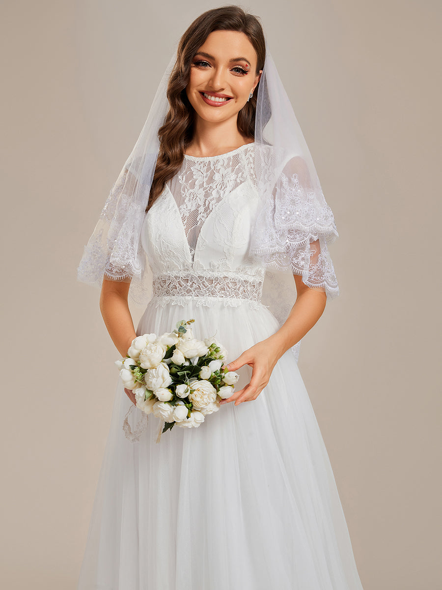 Elegant Hollow Lace Round Neck Wholesale Wedding Dresses#Color_White