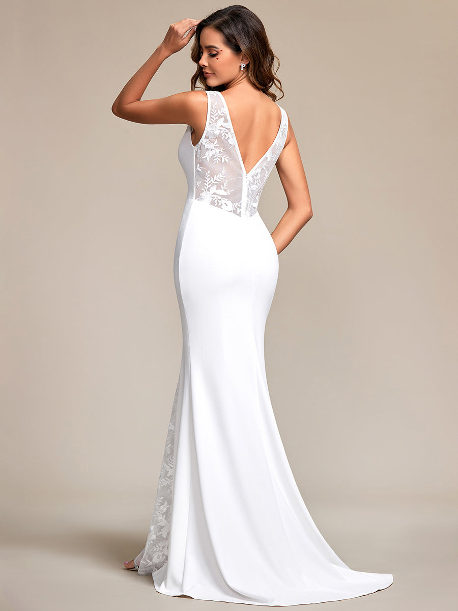Color=White | Spaghetti Straps V Neck Appliques Fishtail Wholesale Wedding Dress-White 6