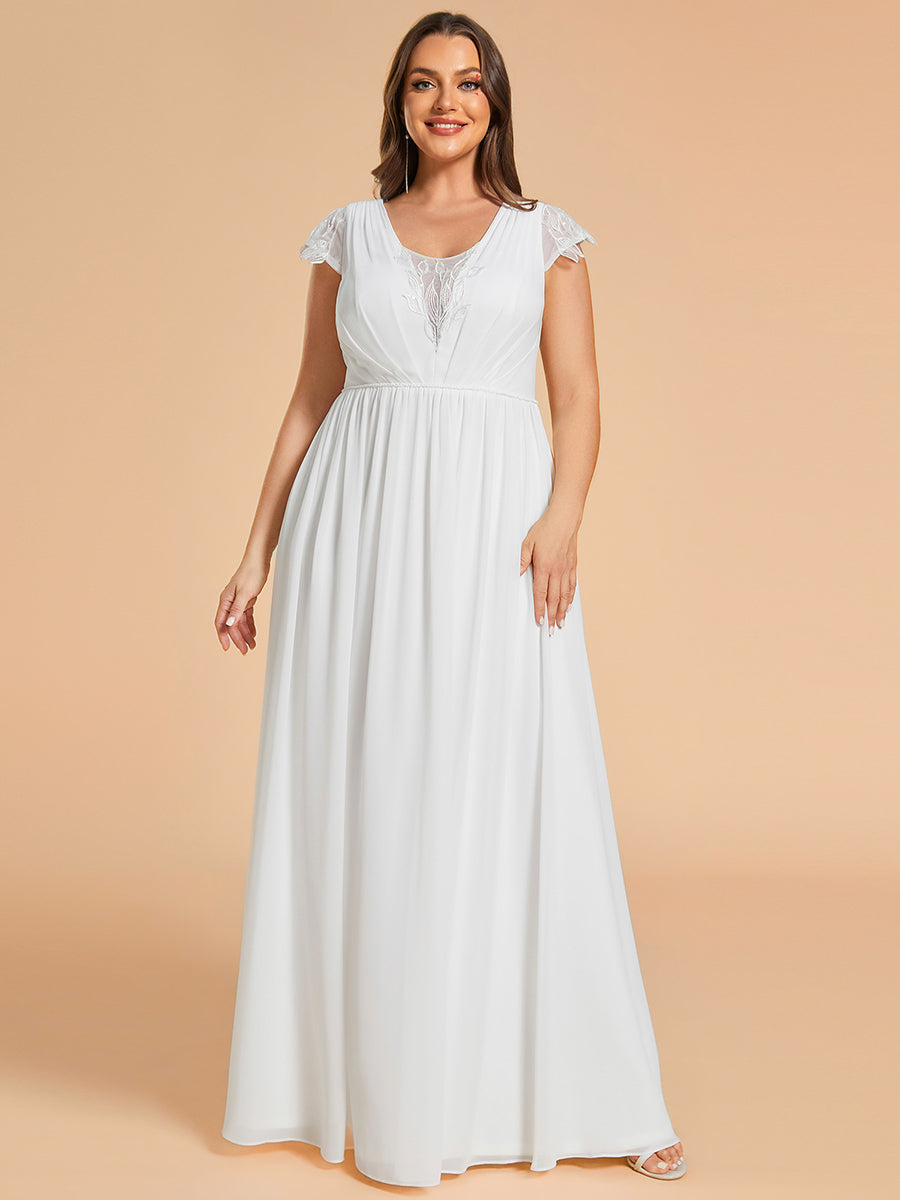 Color=White | Plus Size Hollow Pleated V-Neck Simple Wedding Dress with Short Sleeves-White 5