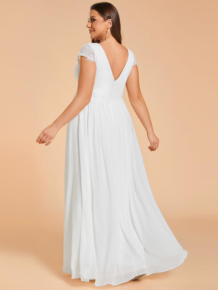 Color=White | Plus Size Hollow Pleated V-Neck Simple Wedding Dress with Short Sleeves-White 2