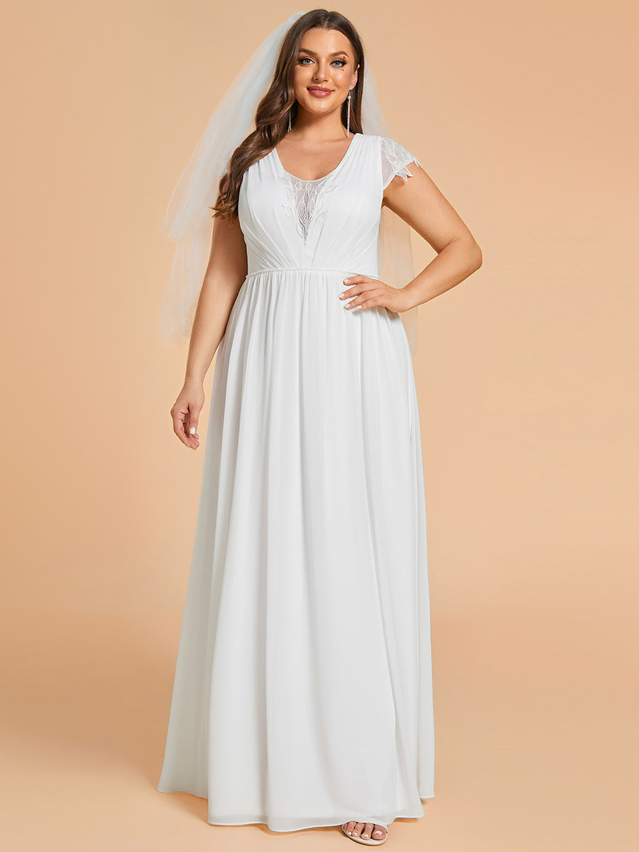 Color=White | Plus Size Hollow Pleated V-Neck Simple Wedding Dress with Short Sleeves-White 3