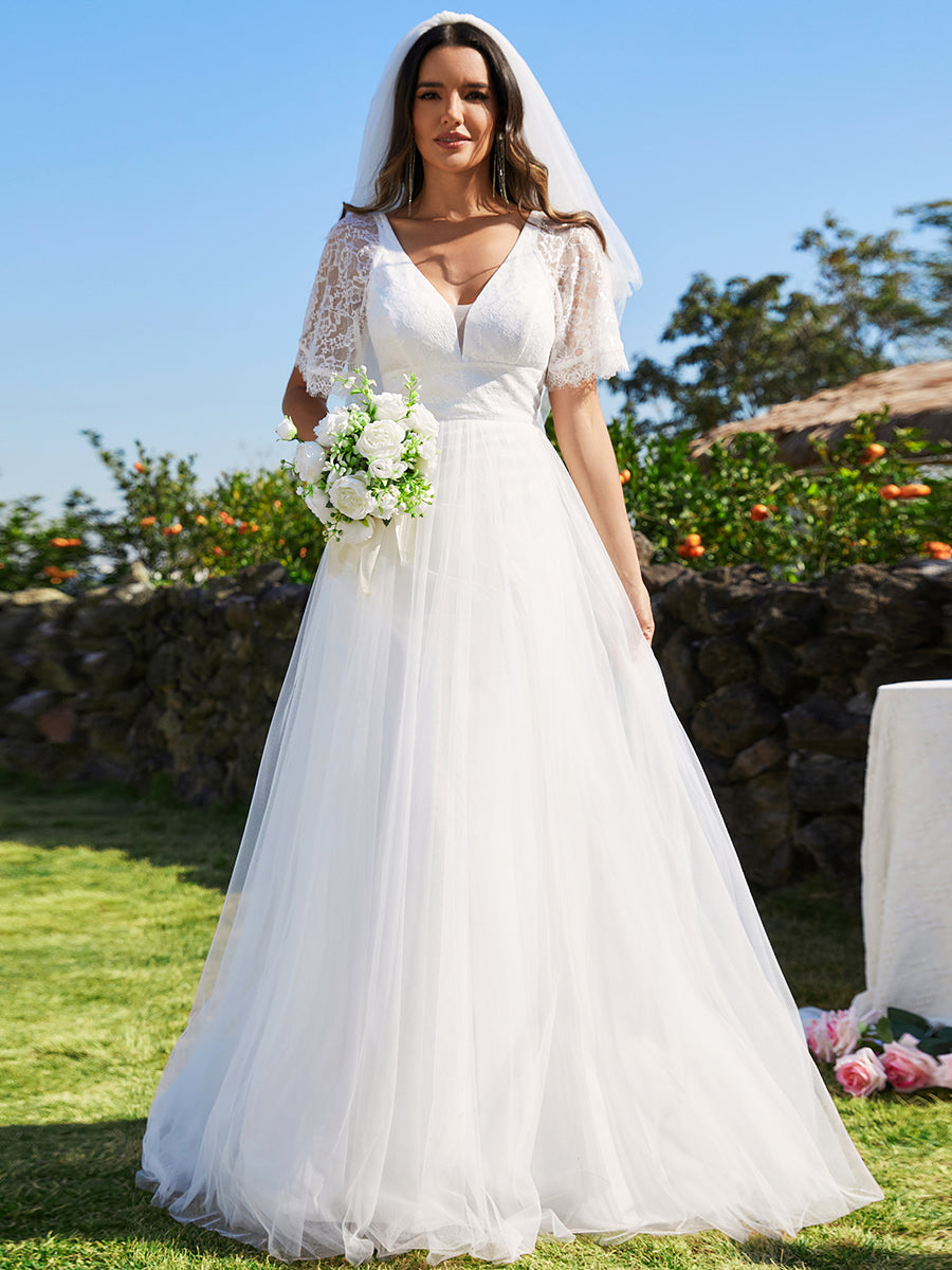 Color=White | A-line V-Neck Lace Wholesale Wedding Dresses With Embroidery-White 4