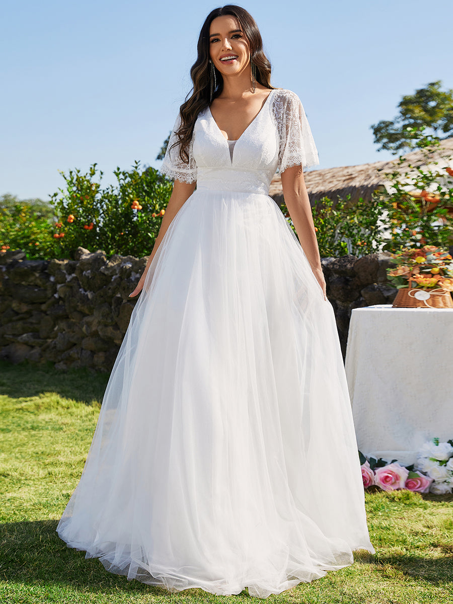 Color=White | A-line V-Neck Lace Wholesale Wedding Dresses With Embroidery-White 1