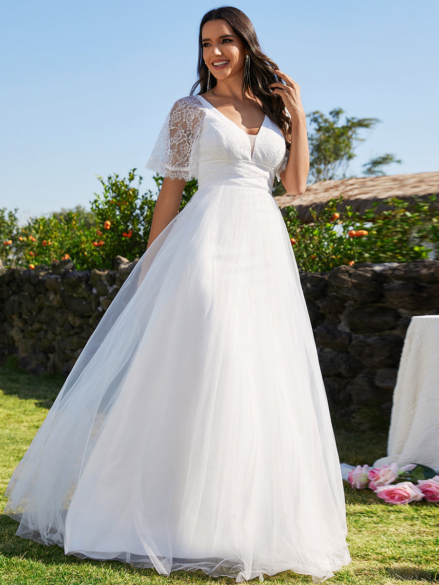 Color=White | A-line V-Neck Lace Wholesale Wedding Dresses With Embroidery-White 5