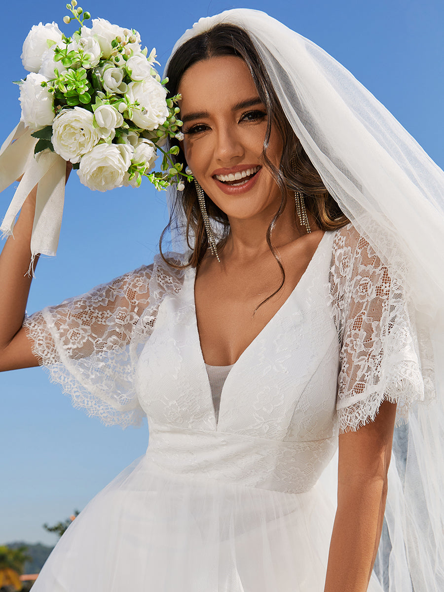 Color=White | A-line V-Neck Lace Wholesale Wedding Dresses With Embroidery-White 2