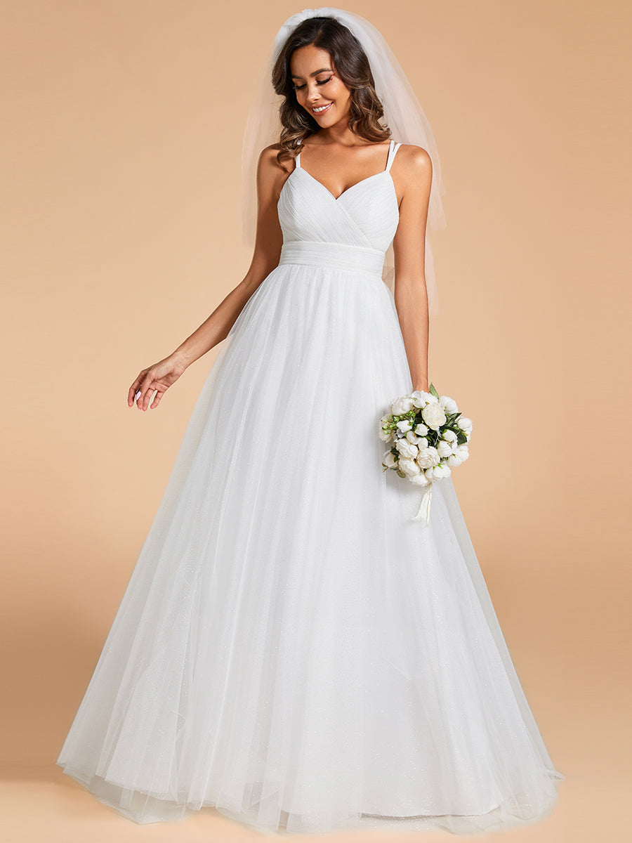 Color=White | Shiny Spaghetti Straps Wholesale Wedding Dresses With Back Bow-White 1