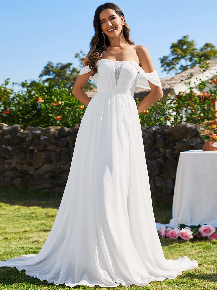 Color=White | Off Shoulder Chiffon Wholesale Wedding Dressees With Half Sleeves-White 1