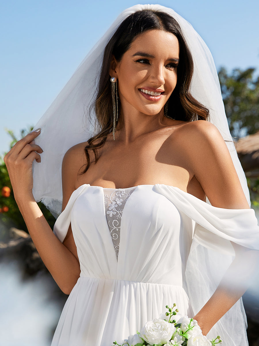 Color=White | Off Shoulder Chiffon Wholesale Wedding Dressees With Half Sleeves-White 2