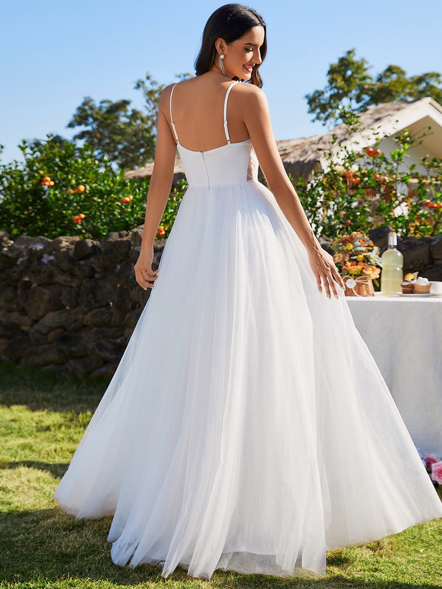 Color=White | Spaghetti Straps SleevelessTulle Beaded Wholesale Wedding Dress -White 2