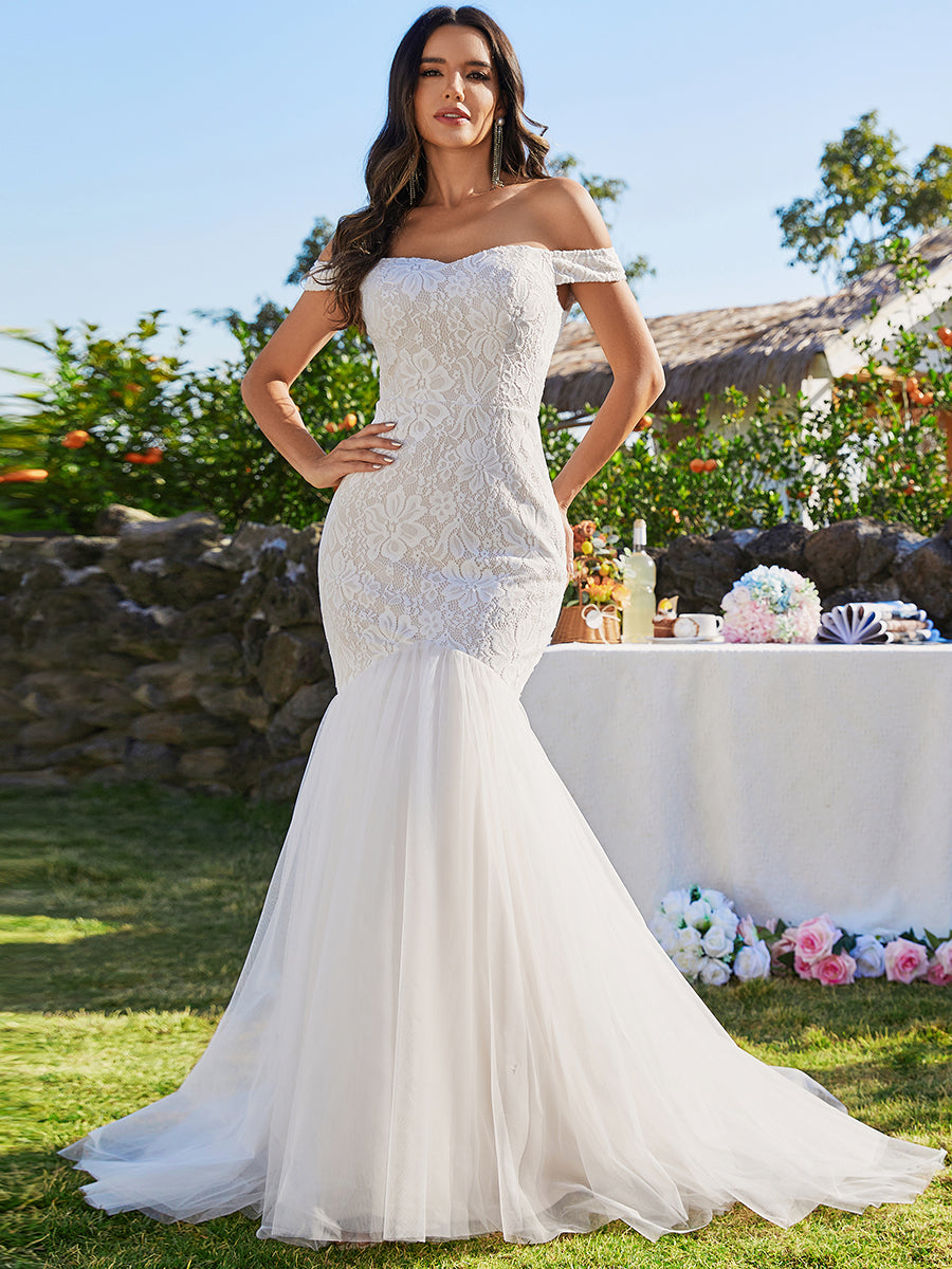 Color=Ivory | Elegant Fishtail  Floor Length Off Shoulder Sleeveless Wholesale Wedding Dress-Ivory 1
