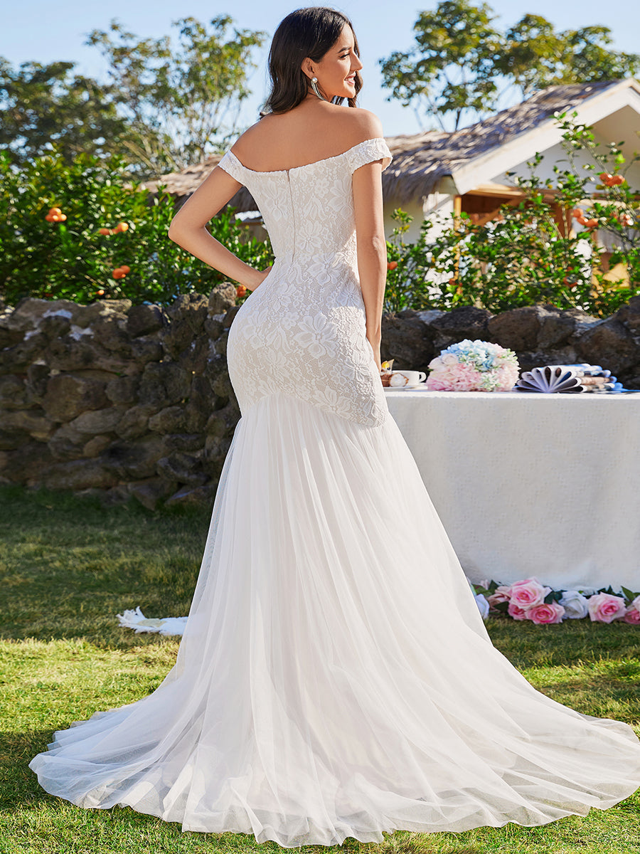 Color=Ivory | Elegant Fishtail  Floor Length Off Shoulder Sleeveless Wholesale Wedding Dress-Ivory 2