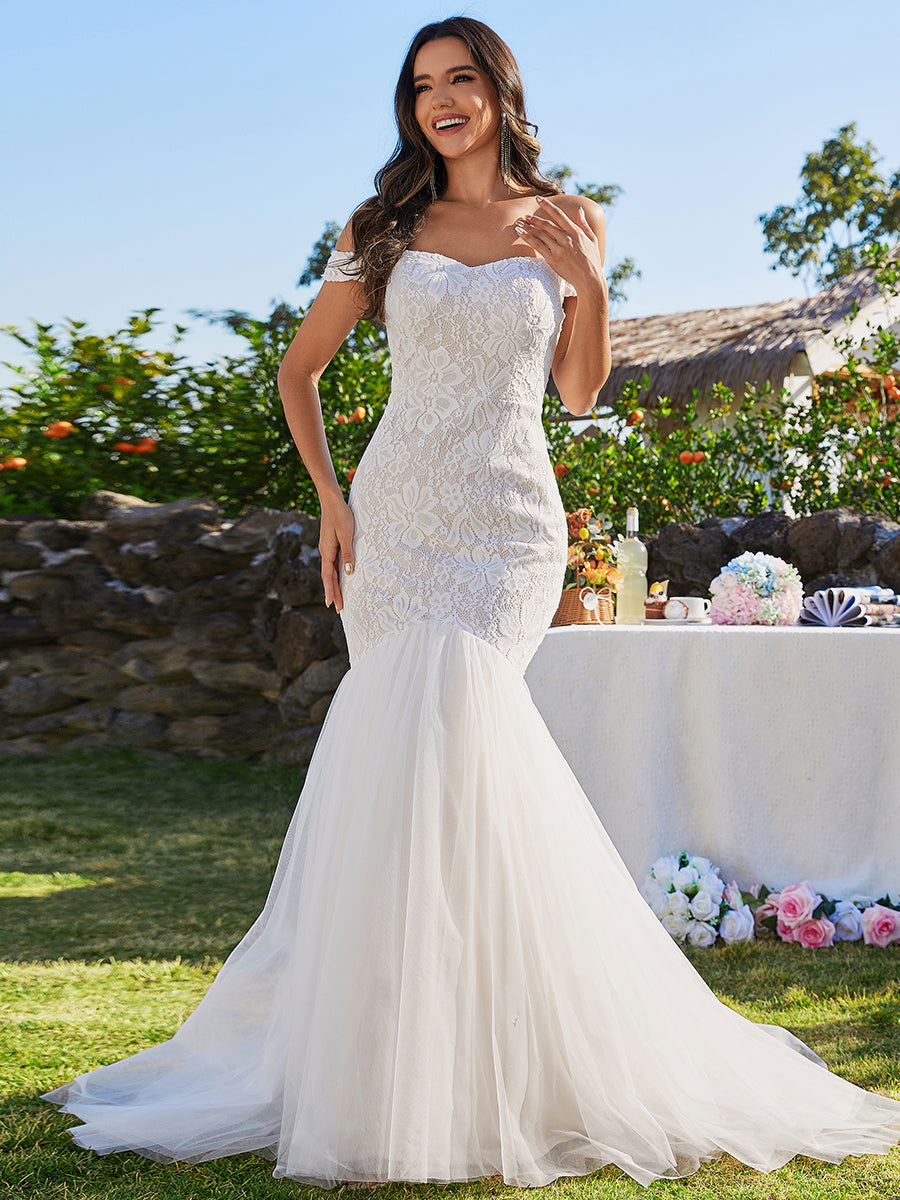 Color=Ivory | Elegant Fishtail  Floor Length Off Shoulder Sleeveless Wholesale Wedding Dress-Ivory 4