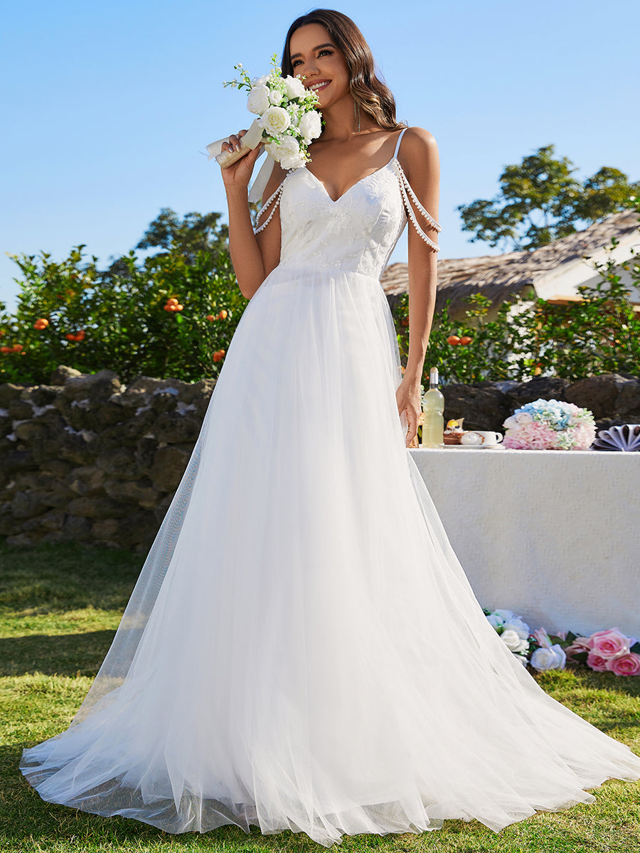 Color=White | Elegant Spaghetti Straps A-Line Floor Length V Neck Sleeveless Wholesale Wedding Dress-White 4