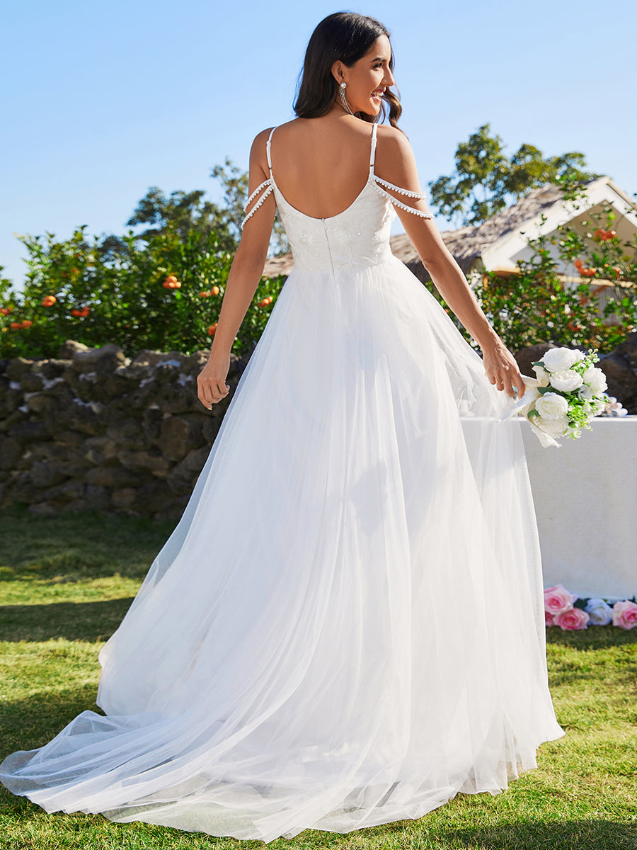 Color=White | Elegant Spaghetti Straps A-Line Floor Length V Neck Sleeveless Wholesale Wedding Dress-White 3