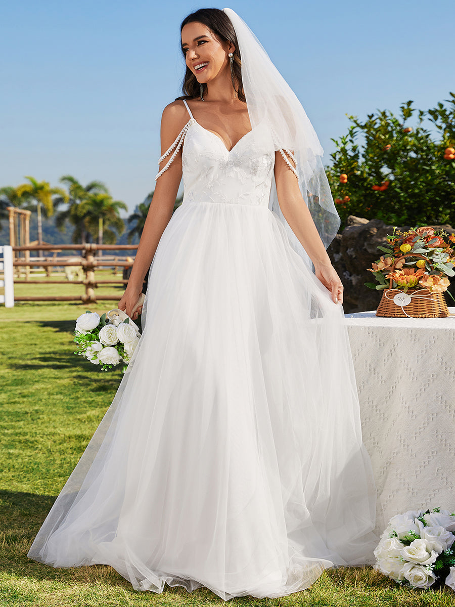 Color=White | Elegant Spaghetti Straps A-Line Floor Length V Neck Sleeveless Wholesale Wedding Dress-White 2