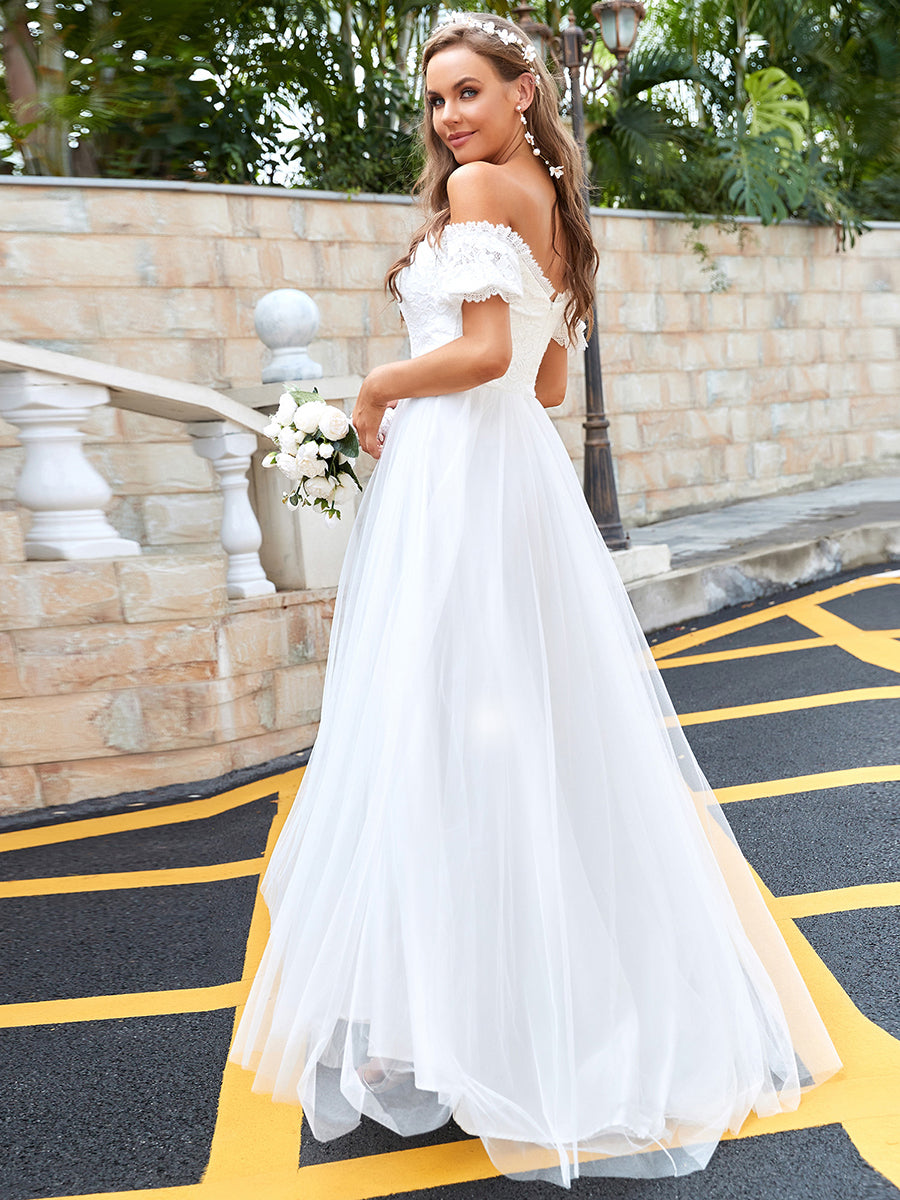 Color=Cream | Magnificent Off Shoulder A Line Wholesale Wedding Dresses-Cream 2