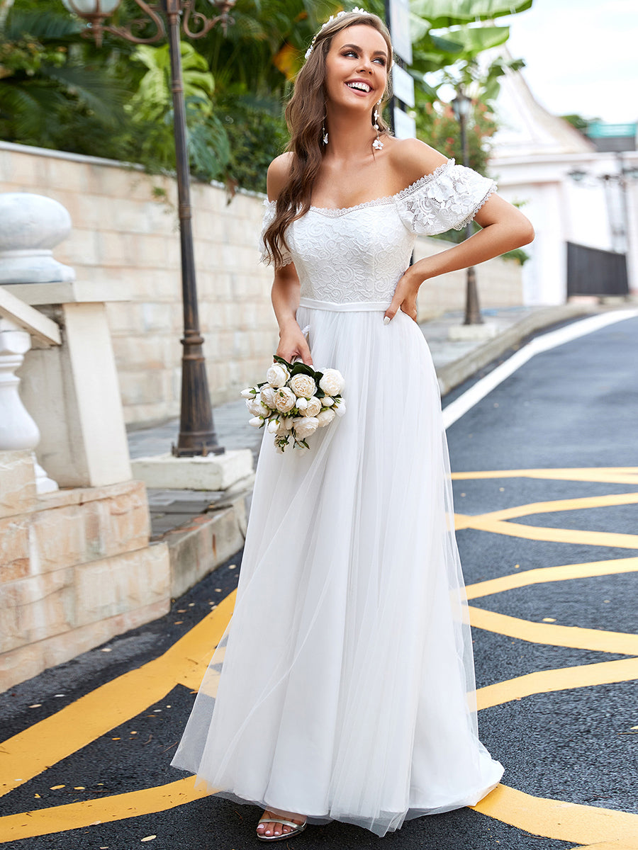 Color=Cream | Magnificent Off Shoulder A Line Wholesale Wedding Dresses-Cream 3