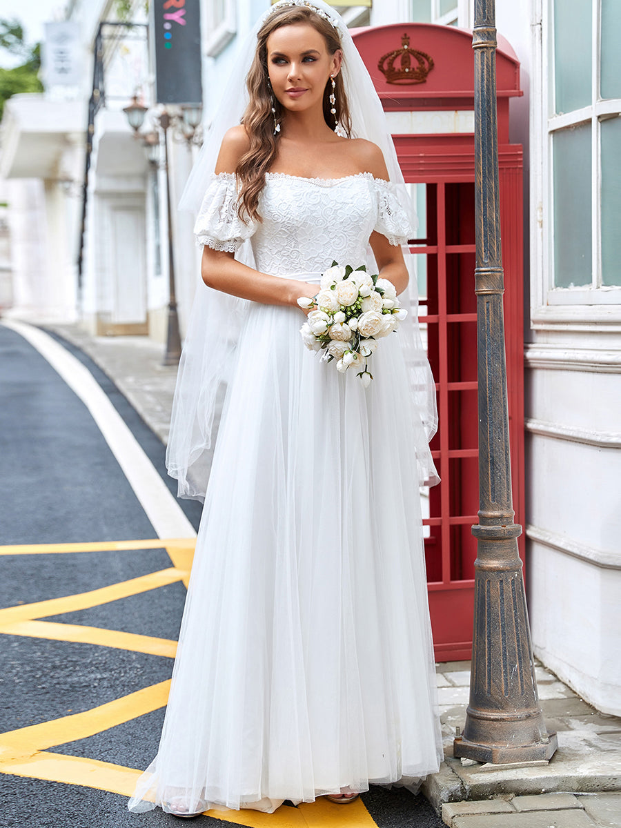 Color=Cream | Magnificent Off Shoulder A Line Wholesale Wedding Dresses-Cream 4