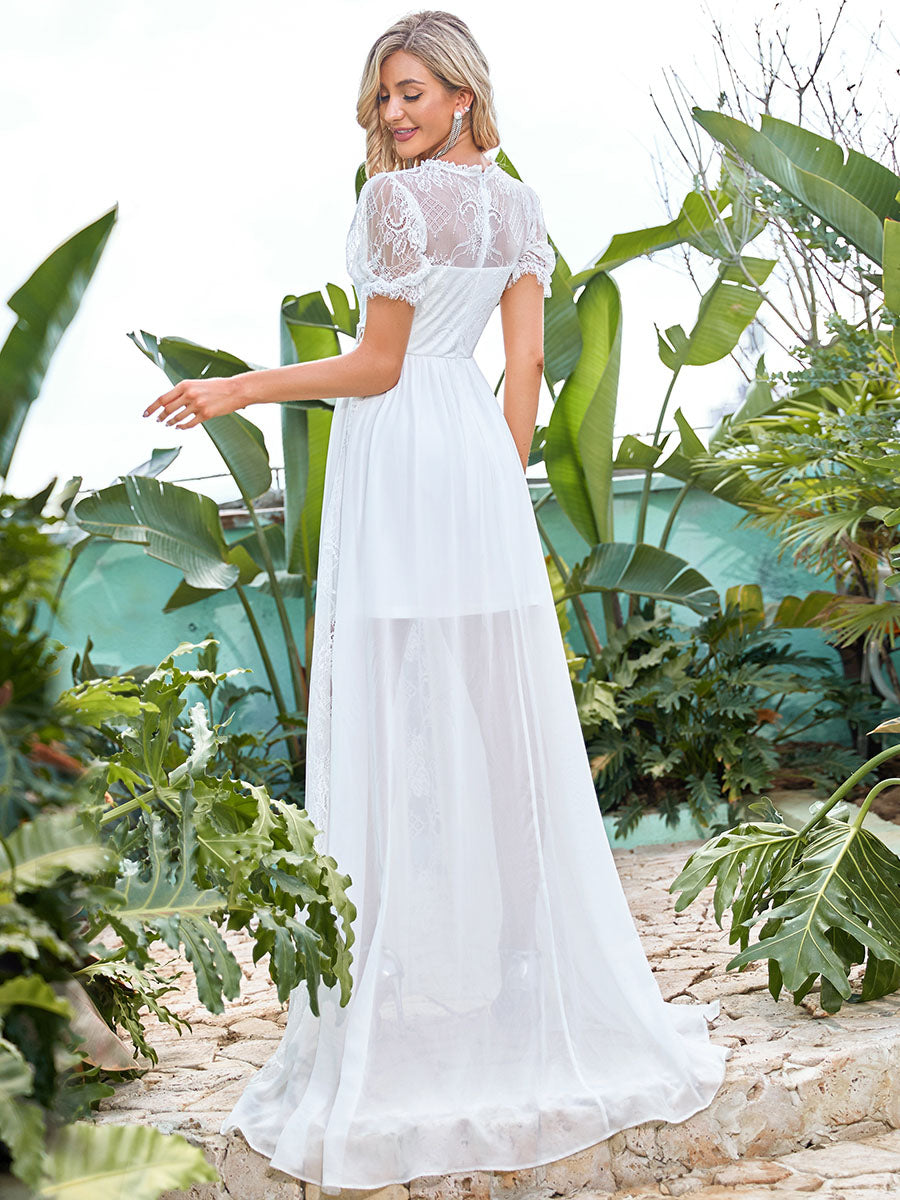 Color=Cream | A Line Short Puff Sleeves Wholesale Wedding Dresses-Cream 2