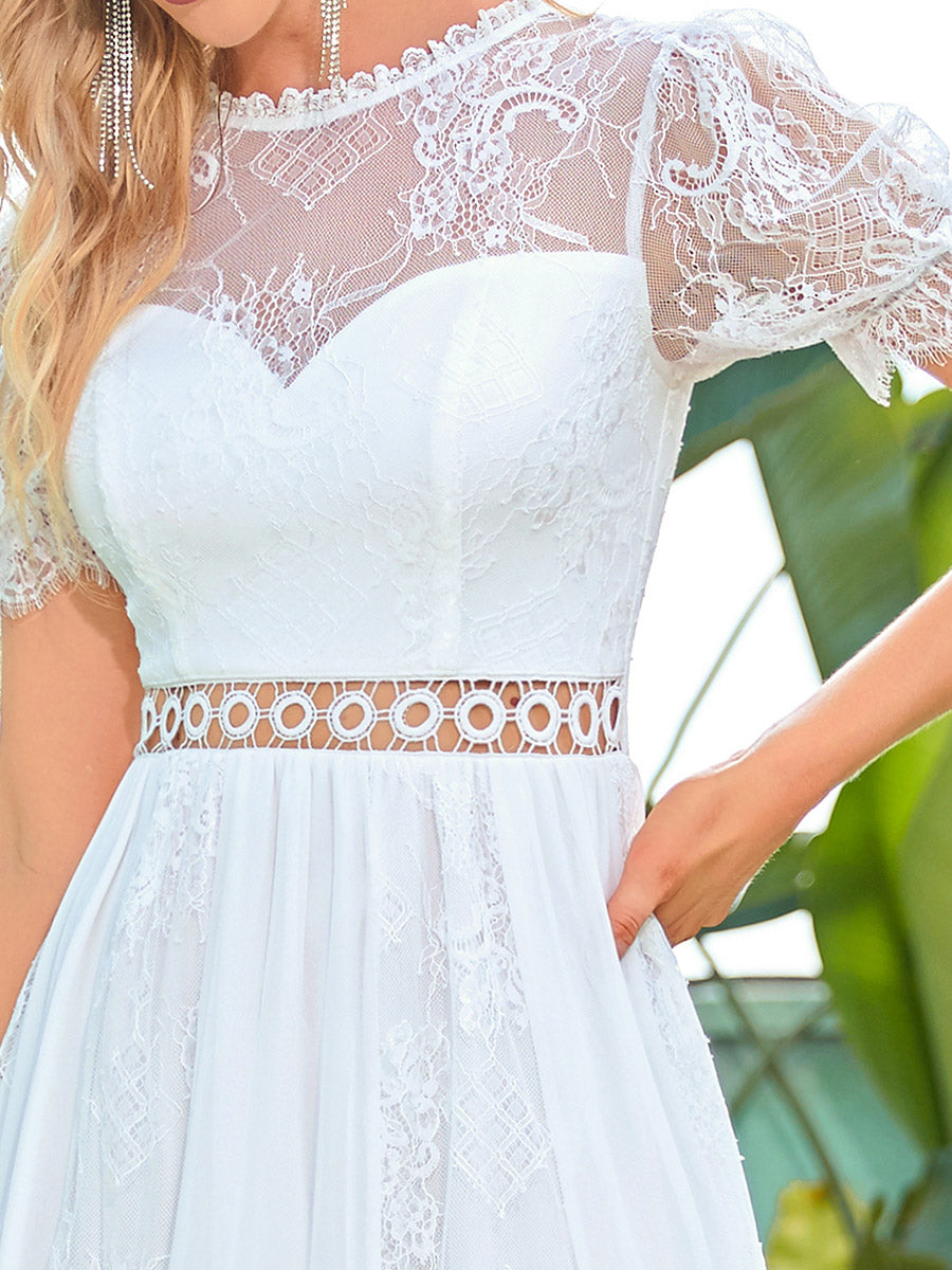 Color=Cream | A Line Short Puff Sleeves Wholesale Wedding Dresses-Cream 5
