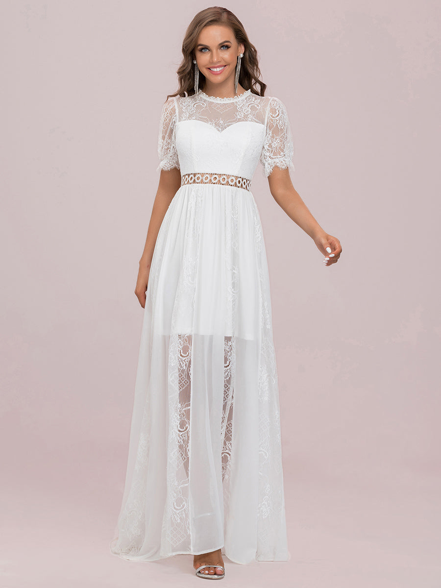Color=Cream | A Line Short Puff Sleeves Wholesale Wedding Dresses-Cream 6