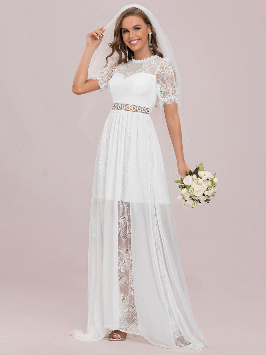 Color=Cream | A Line Short Puff Sleeves Wholesale Wedding Dresses-Cream 7