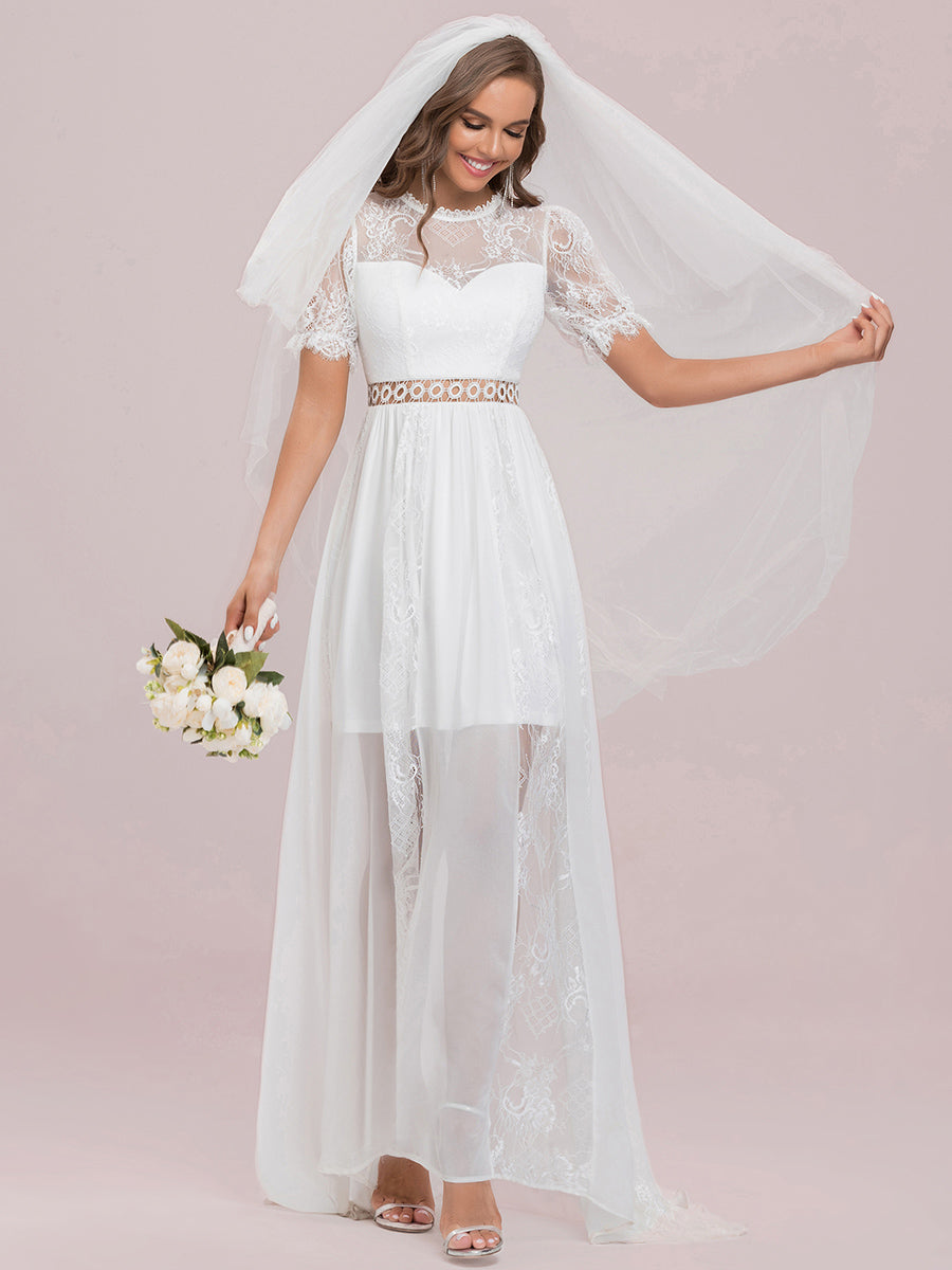 Color=Cream | A Line Short Puff Sleeves Wholesale Wedding Dresses-Cream 8