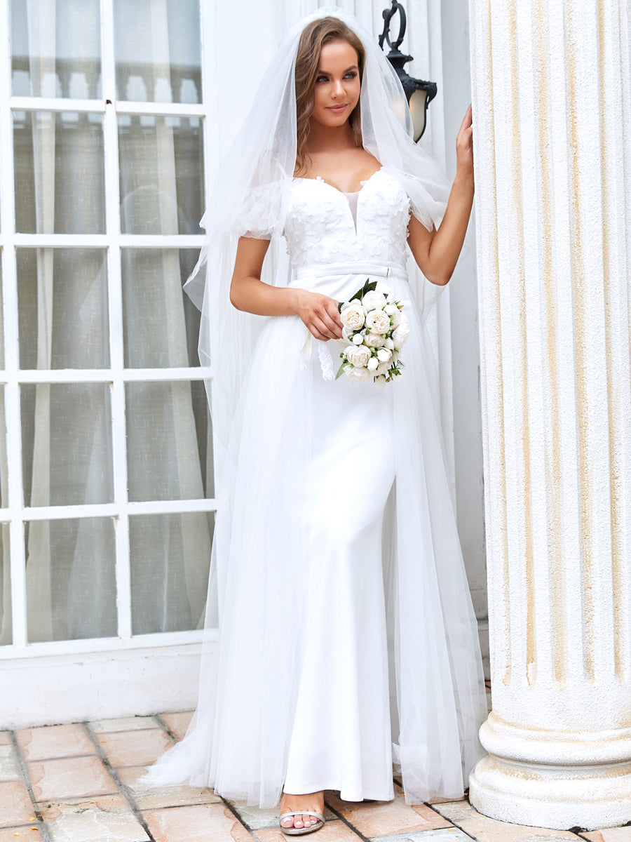 Color=Cream | Short Sleeves Fishtail Silhouette Wholesale Wedding Dresses-Cream 4