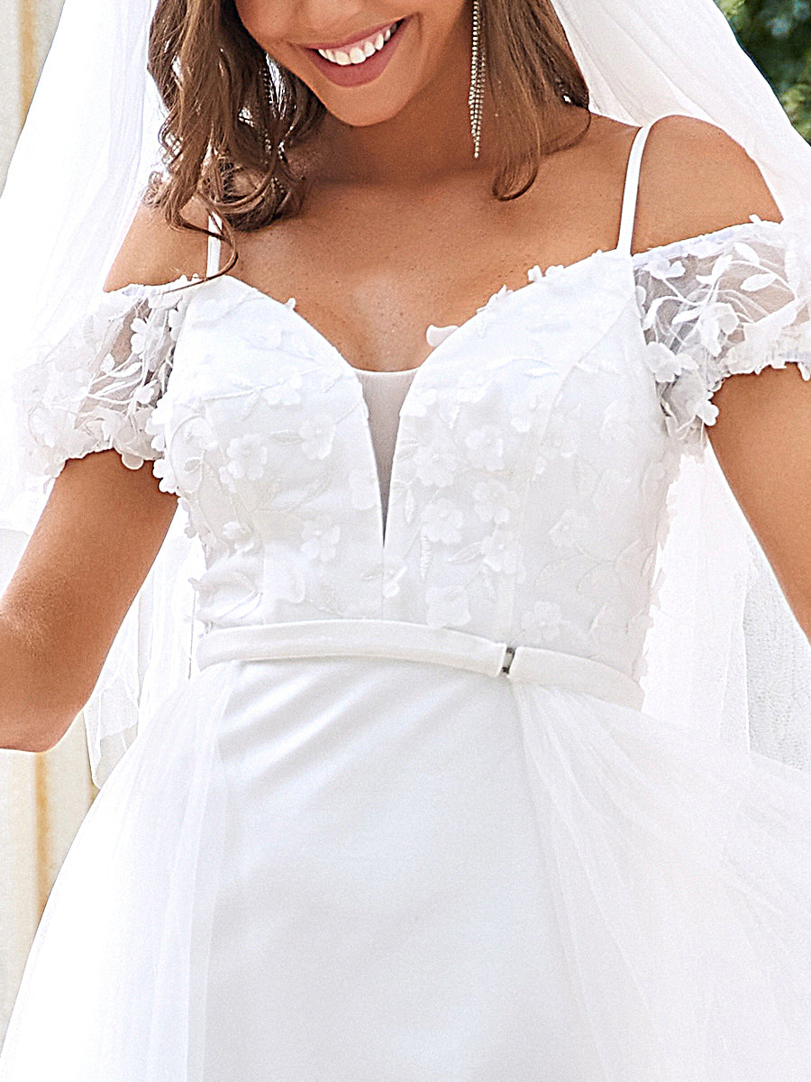 Color=Cream | Short Sleeves Fishtail Silhouette Wholesale Wedding Dresses-Cream 5