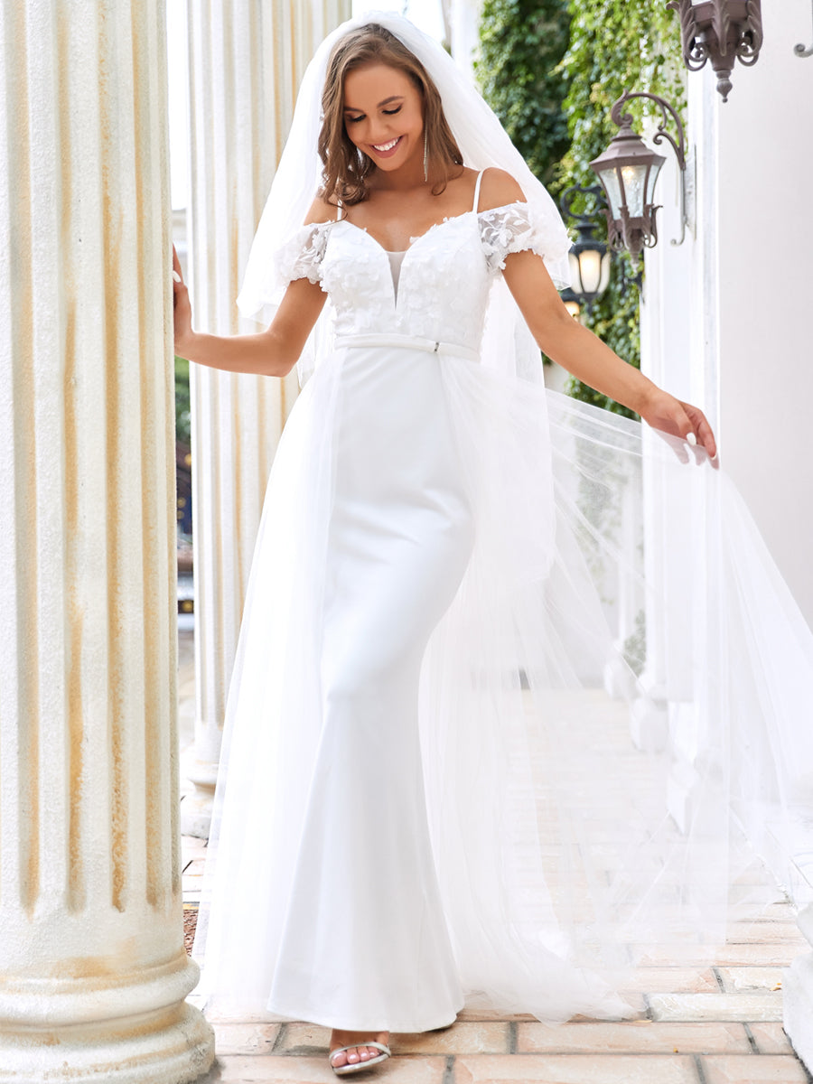 Color=Cream | Short Sleeves Fishtail Silhouette Wholesale Wedding Dresses-Cream 1