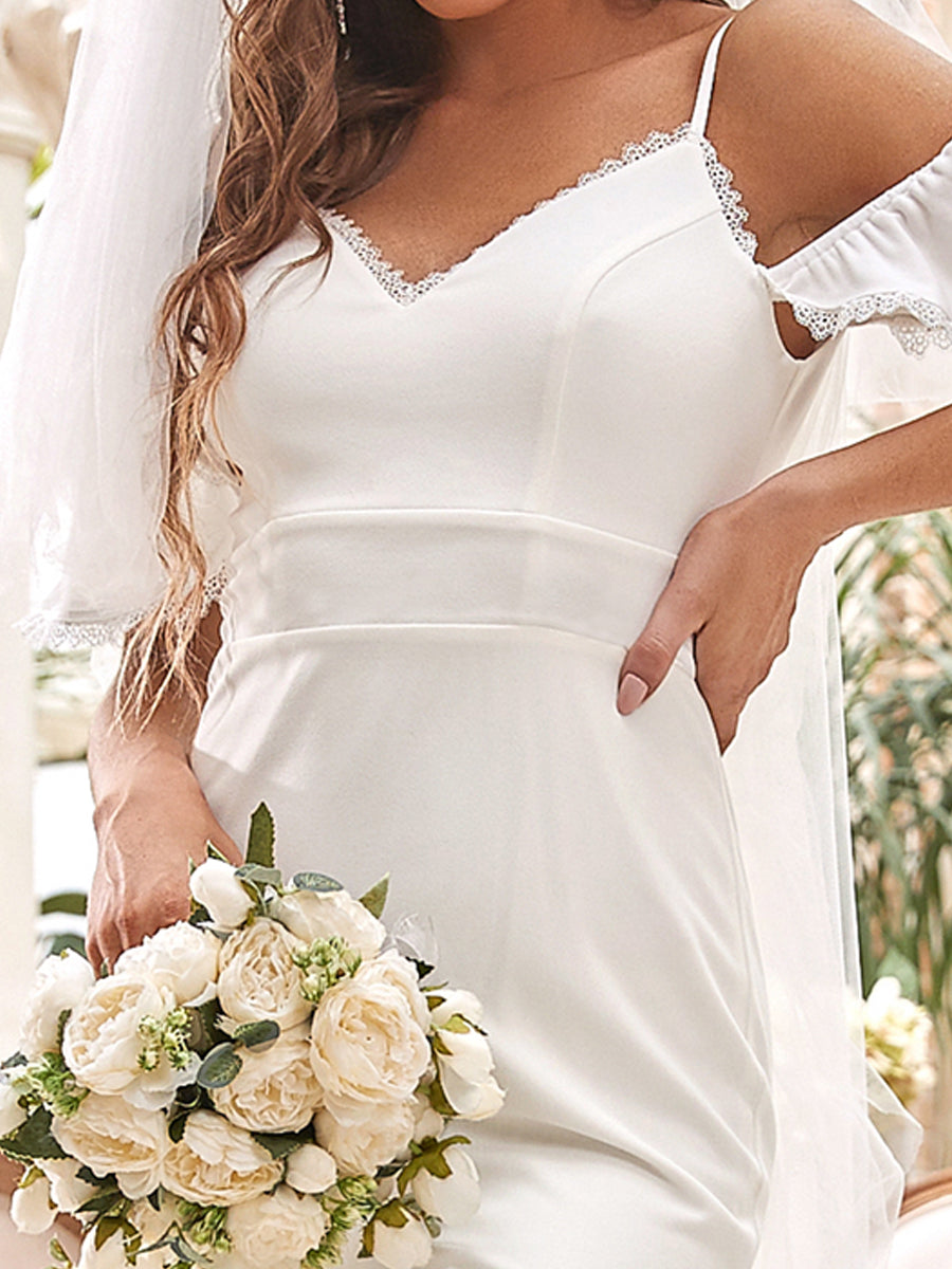 Color=Cream | Deep V-Neck Fishtail Silhouette Wholesale Wedding Dresses-Cream 5